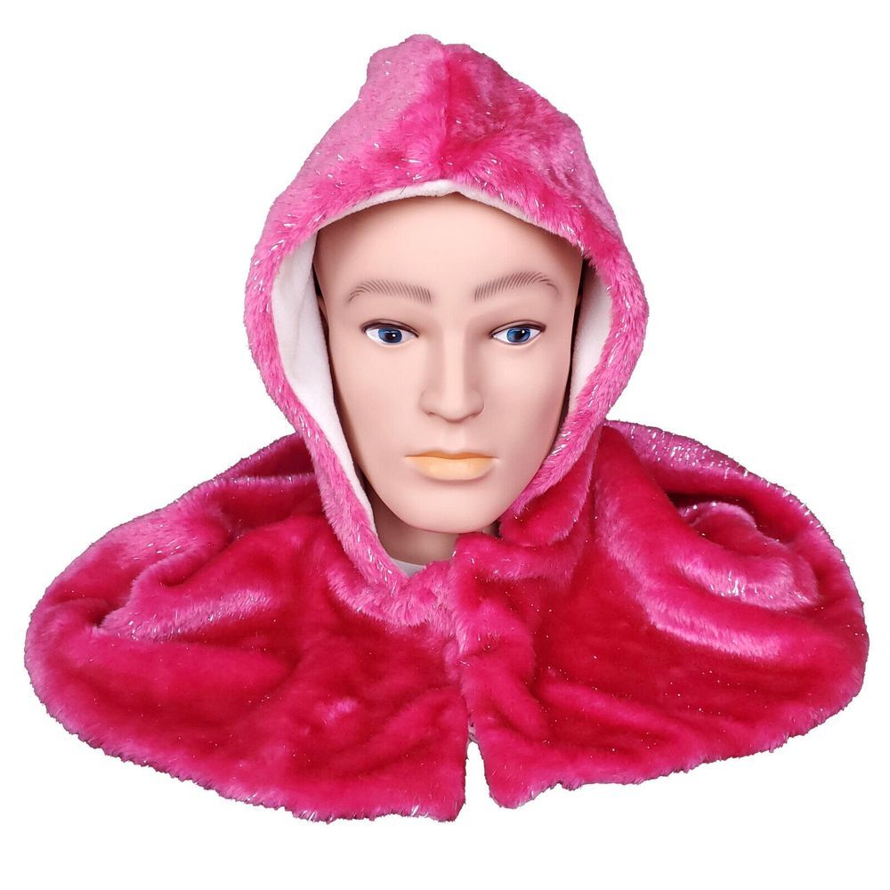 Pink Fur Hooded Cape Youth Kids Silver Lurex White Fleece Lined Costume New‎